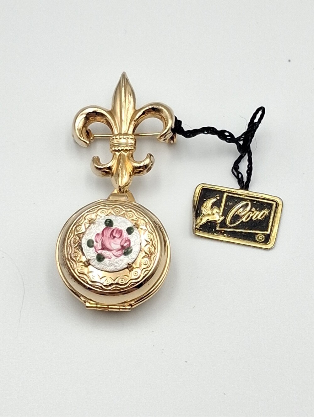 Coro Gold-Tone Fleur-de-Lis Brooch with Pink Rose Guilloche Enamel Medallion